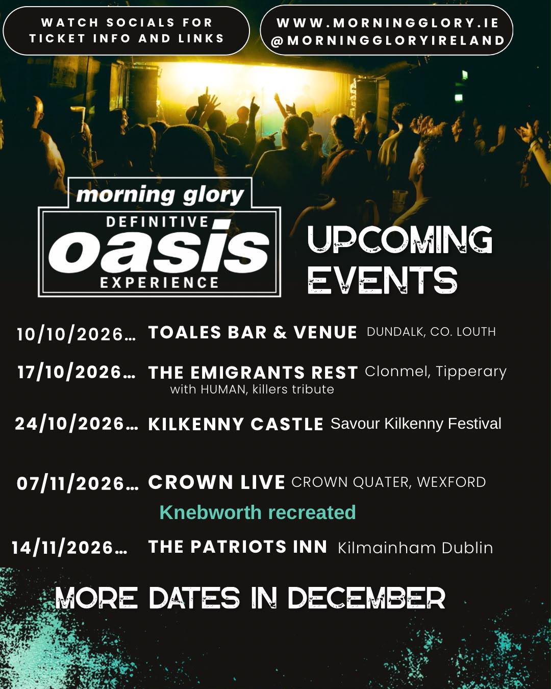 Concert crowd cheering under bright stage lights, with Morning Glory OASIS Experience upcoming events text overlay.